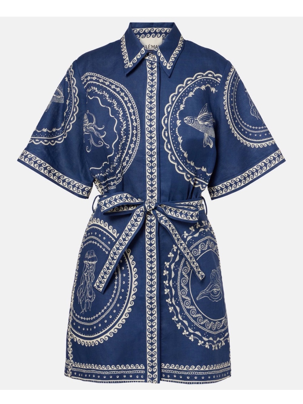Alemais Oceane Blue Belted Summer Printed Linen Mini Shirt Dress 4